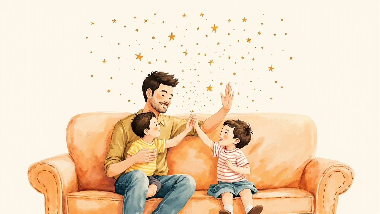 A parent and two children celebrating on a sofa, confetti and stars around them.